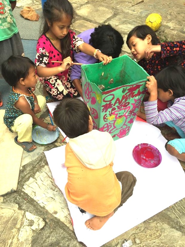 Barbara and Margaret led the children in trash can painting!